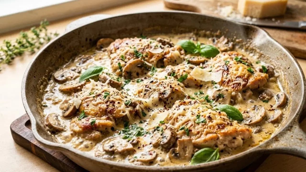 Tek tavada pratik şölen: Kremalı mantarlı parmesanlı tavuk tarifi