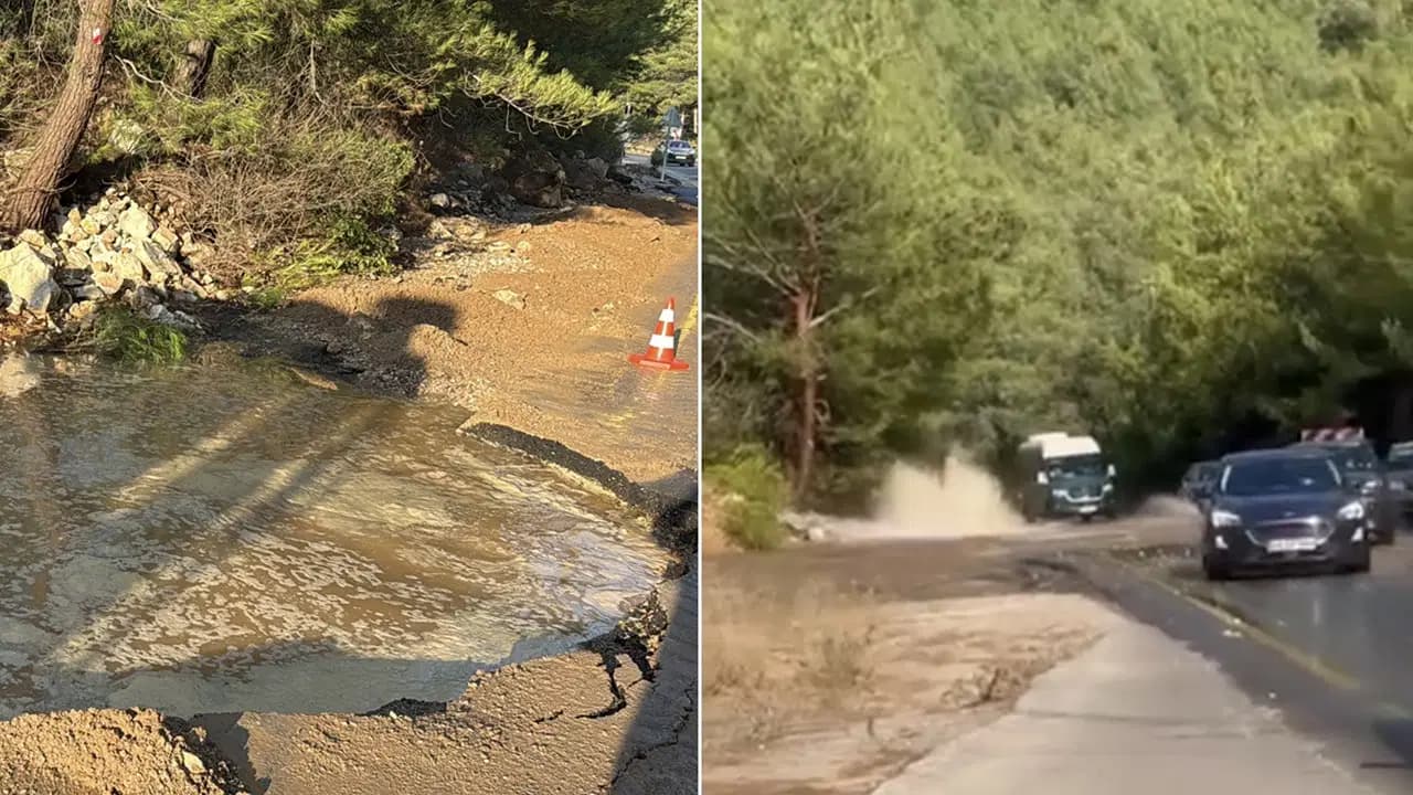 Bodrum'da ana su isale hattı patladı: Tazyikli su metrelerce yükseldi, araçlar hasar gördü