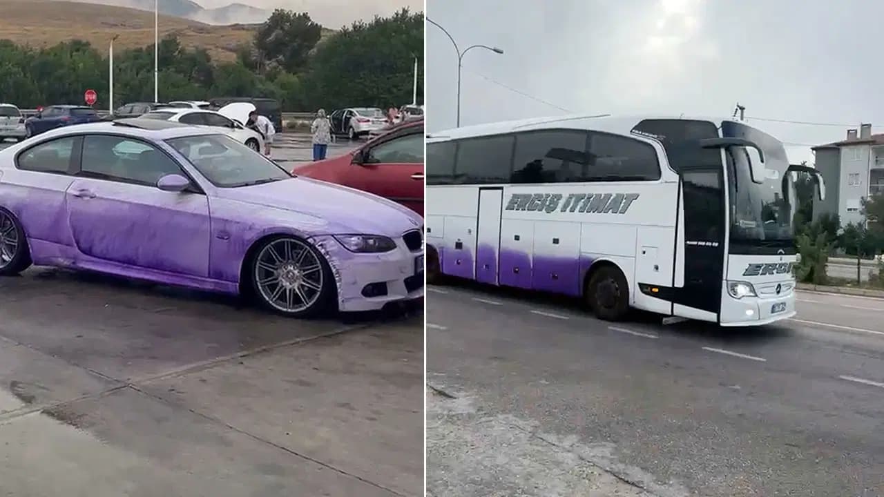 TIR'dan dökülen kimyasal madde yoldan geçen araçları mor renge boyadı